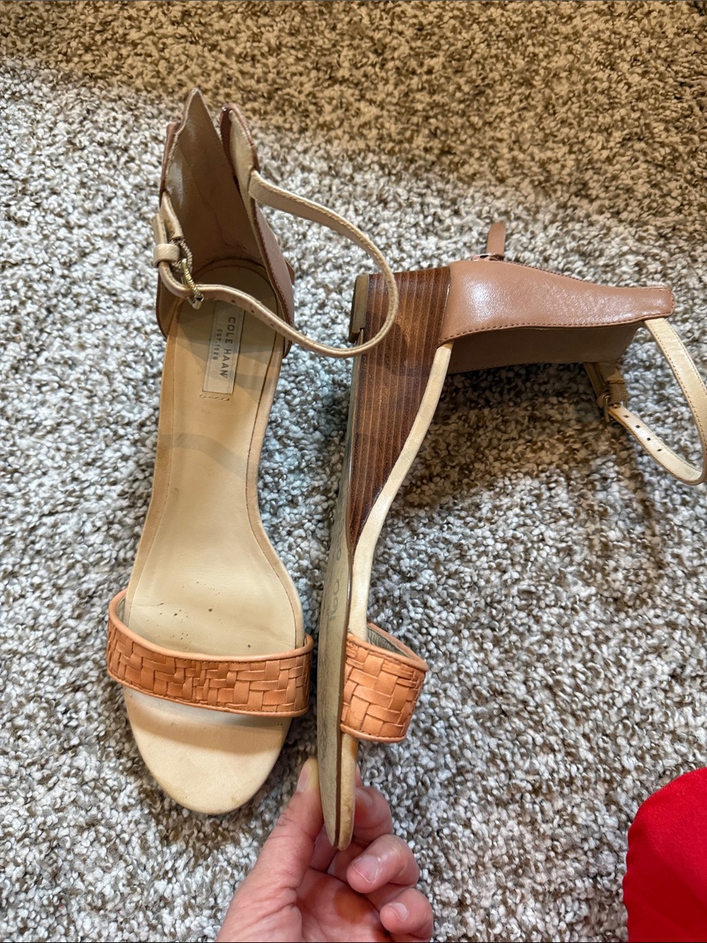 Cole Haan Tan and Peach Woven Leather Wedge Sandals 7.5